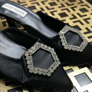 Steve Madden Black Satin Heels with Crystal Embellishment